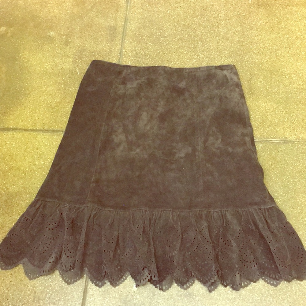 Anthropologie Brown Suede Midi Skirt with Eyelet Ruffle